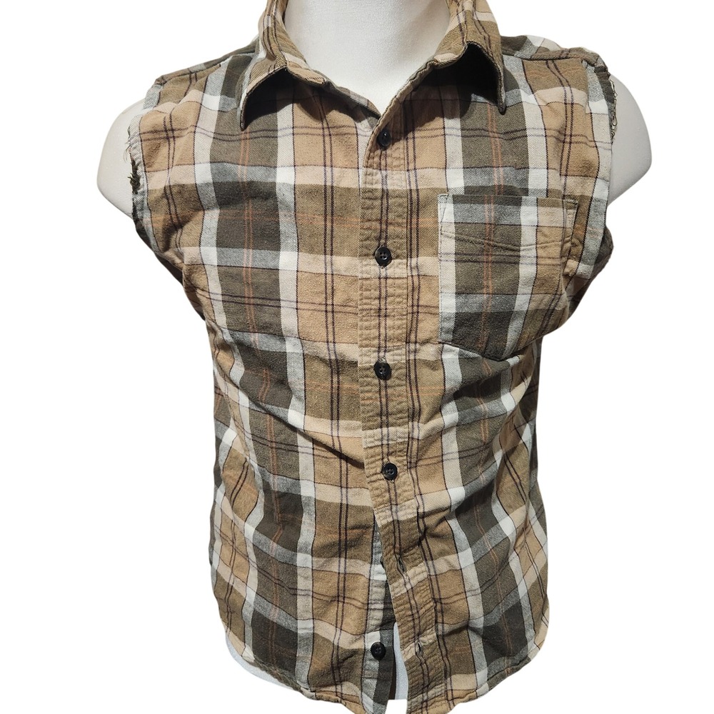 LL Bean‎ Plaid Sleeveless Button Down Shirt Distressed Fringe Tan Brown Mens L